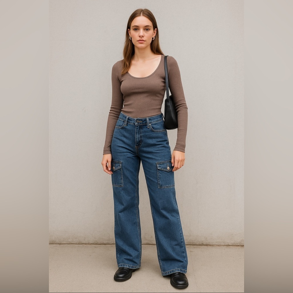 Wild Fable Low Rise Cargo Pockets Flare Blue Denim Jeans Streetwear Y2K Modern